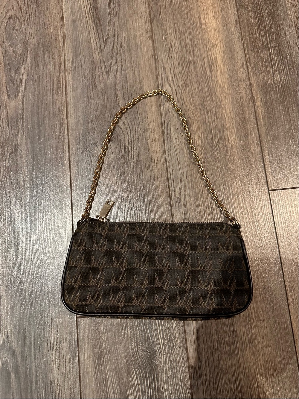 Mango Dark Brown Monogram Mini Bag with Gold Chain Strap